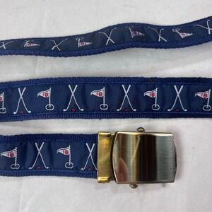 Vintage Golf Web Belt Navy Blue Ribbon 18th Hole Crossed Clubs Made in USA 41in